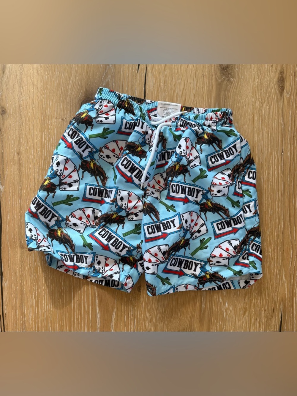 Cowboy Graphics Light Blue Kids Swim Shorts with Drawstring